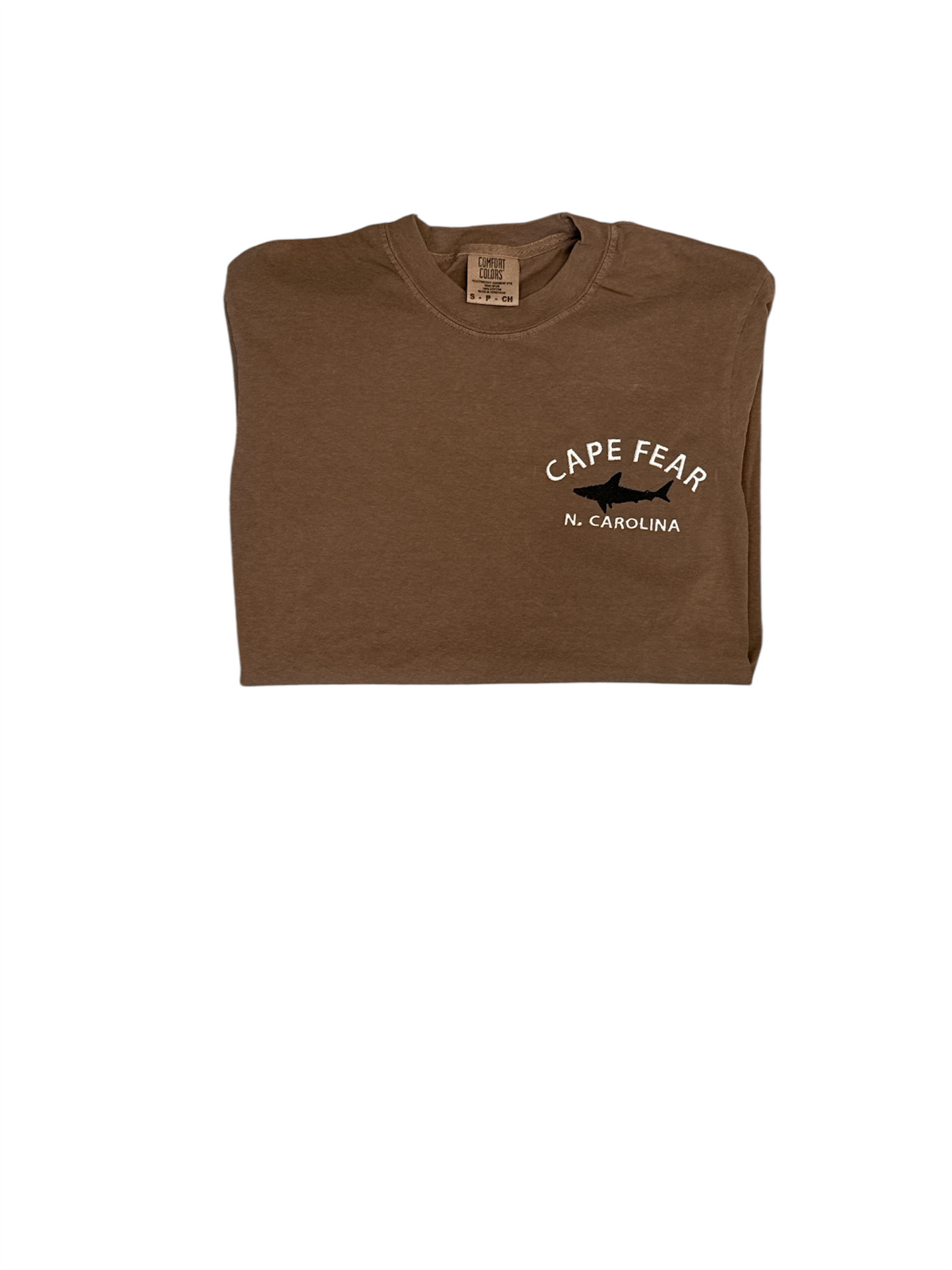 Cape Fear-Shark-Embroidered -T-shirt-Expresso Comfort Color