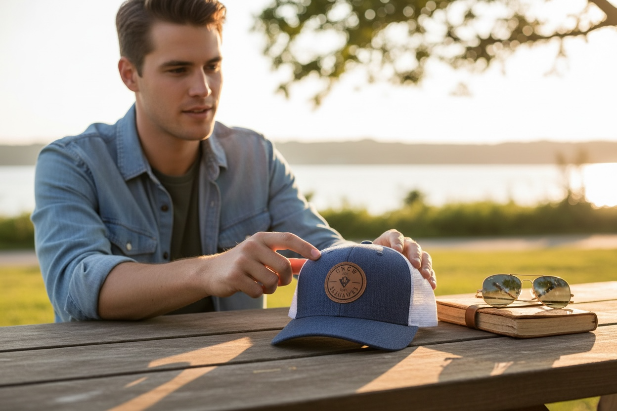 UNCW Seahawks Midpro Leather Patch HAt - Heather Navy/White