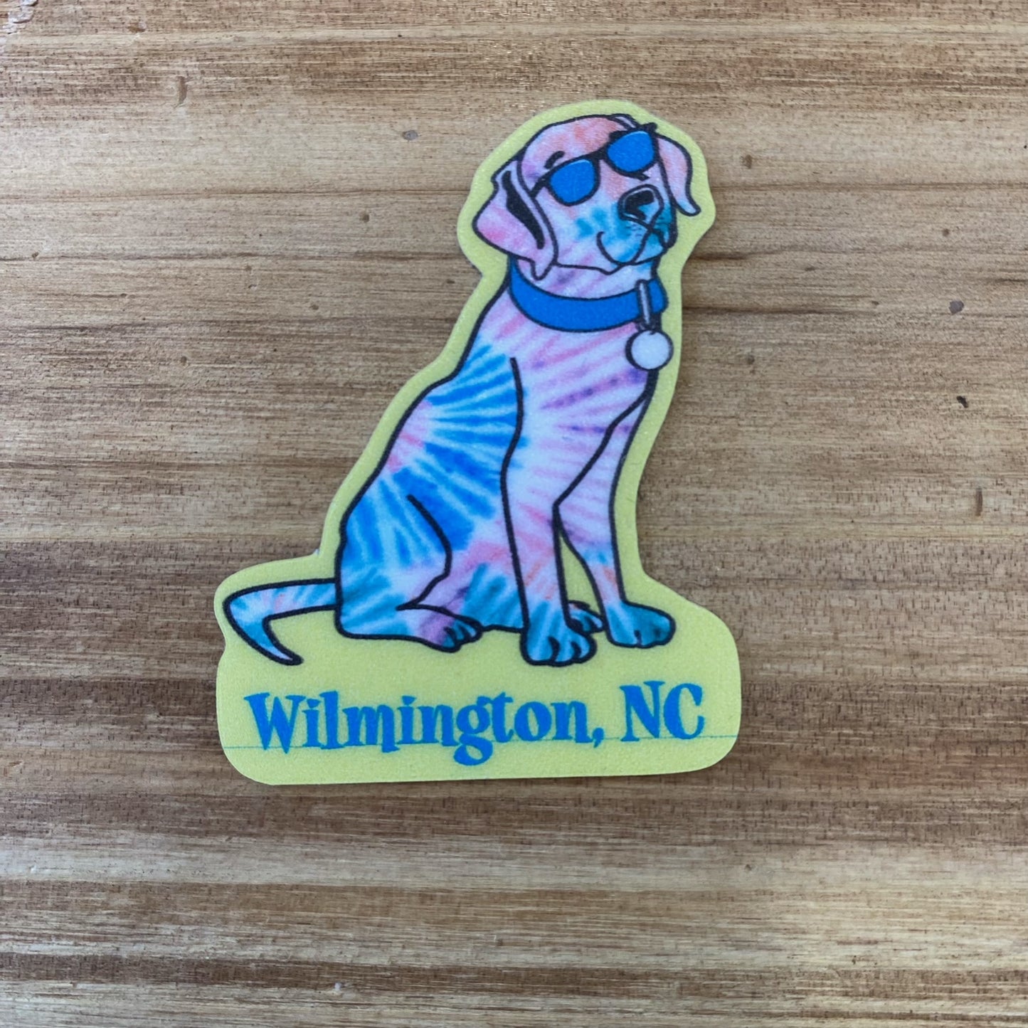 TIE DYE DOG WILMINGTON , NC – STICKER ( 2″ X 2″ ROUGHLY )