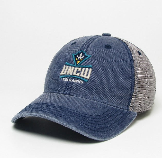UNCW Seahawks Full logo – DTA Legacy Trucker Hat – Navy/Silver