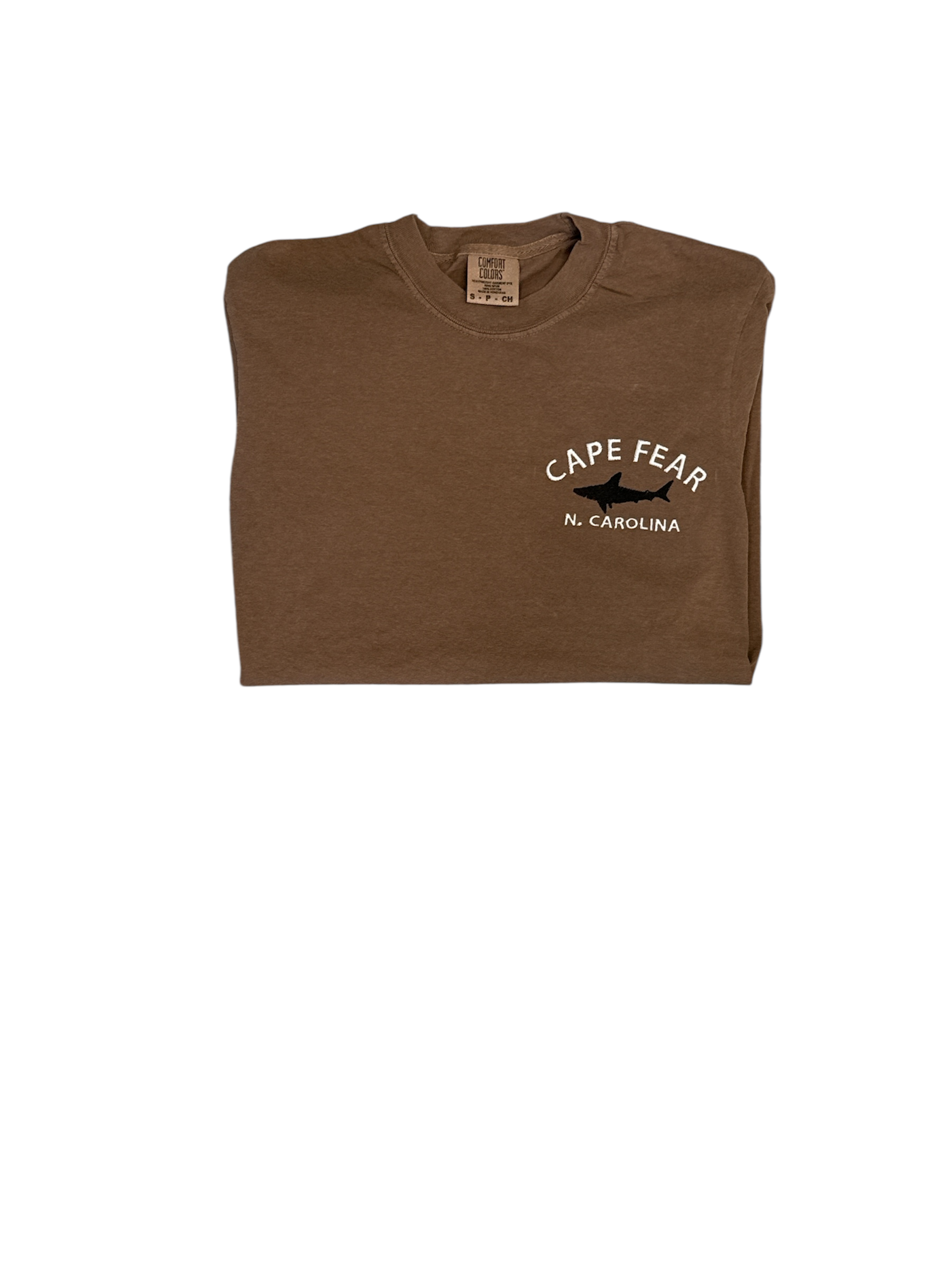 Cape Fear-Shark-Embroidered -T-shirt-Expresso Comfort Color