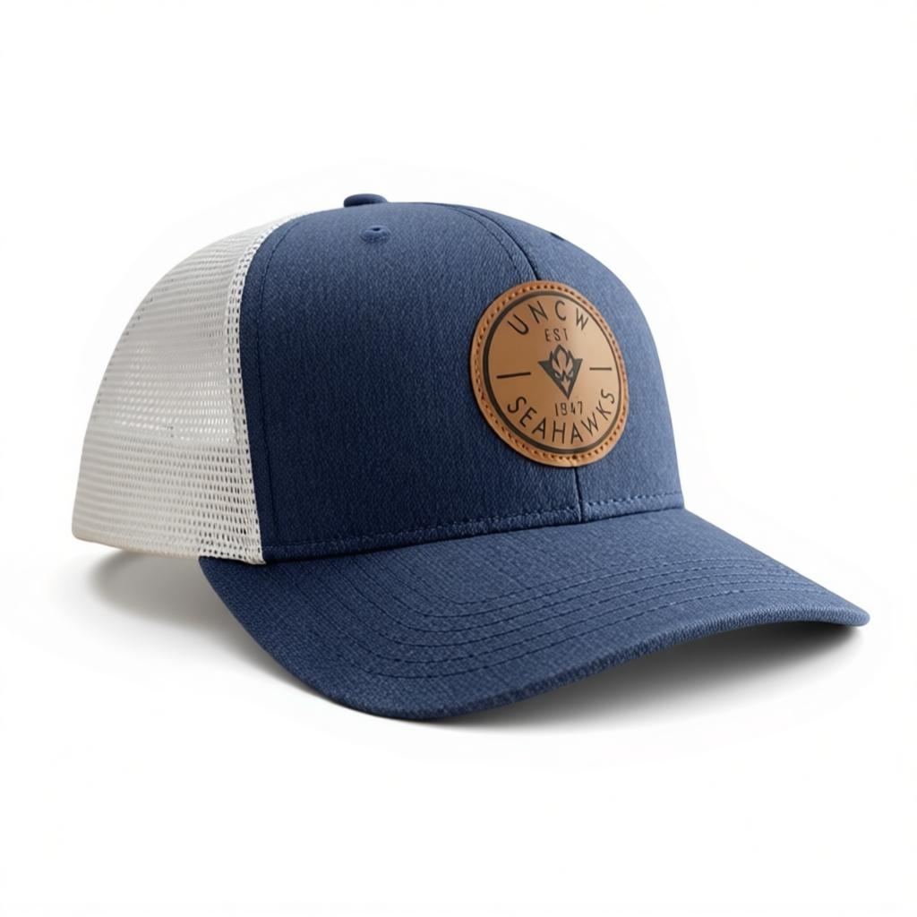 UNCW Seahawks Midpro Leather Patch HAt - Heather Navy/White